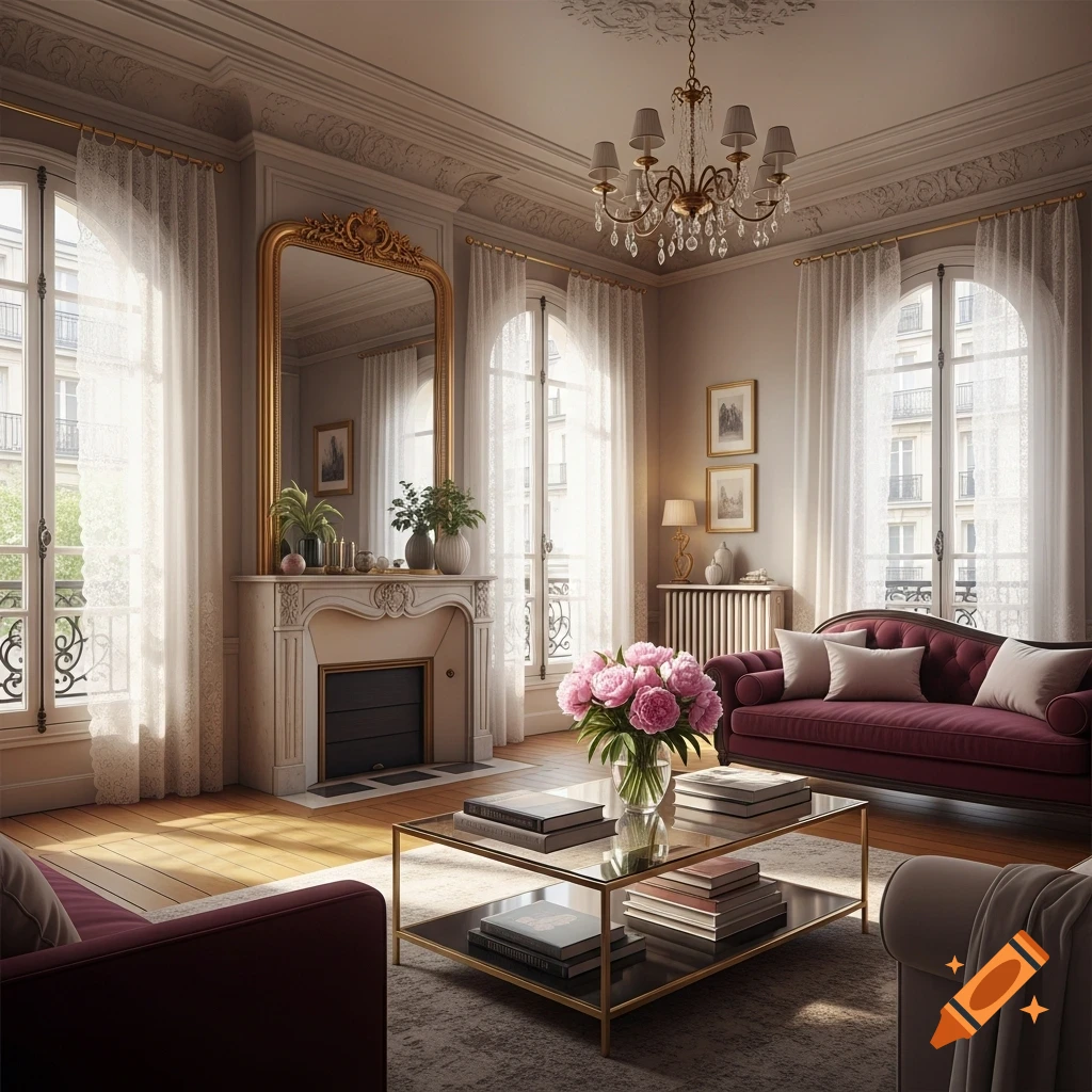 An elegant Parisian living room with a fireplace, ornate mirror, large windows, a red sofa, and a coffee table.