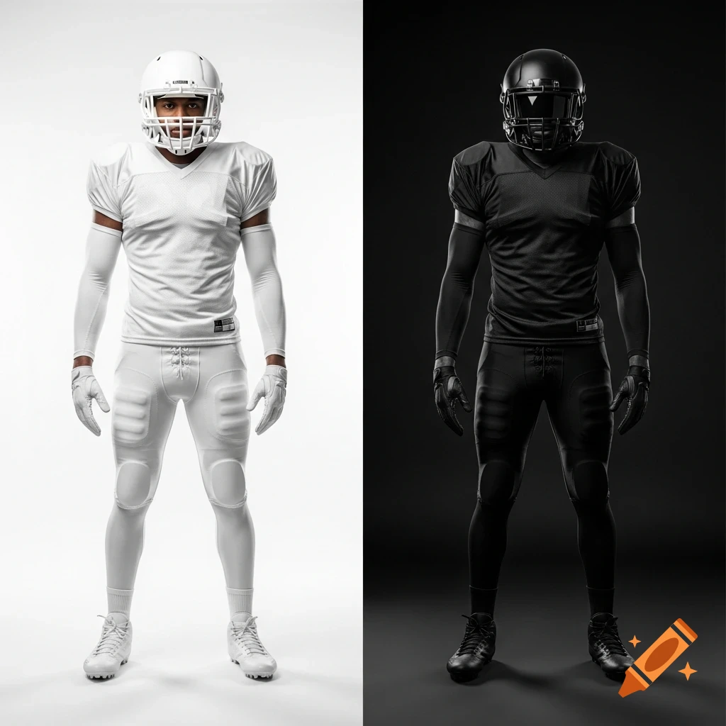 Two football players stand side-by-side, one in a white uniform on a white background and the other in a black uniform on a black background.