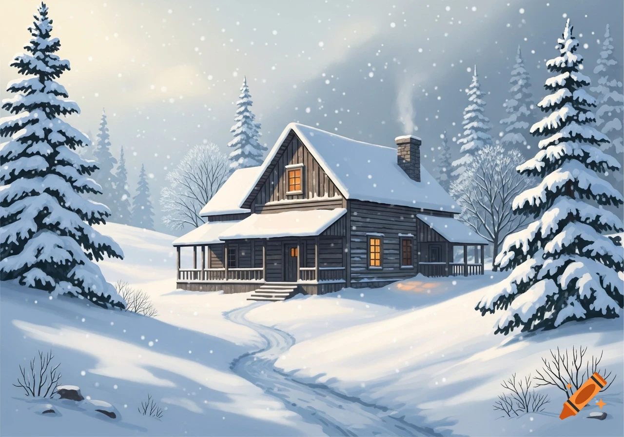 A cozy wooden cabin covered in snow, nestled in a winter landscape with snow-covered pine trees and falling snowflakes, in an illustration style.