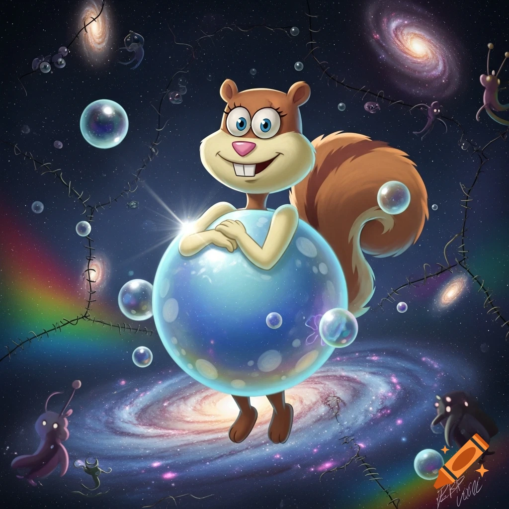 Cartoon character Sandy Cheeks inflates into a large blue sphere while floating in a vibrant galaxy filled with stars, nebulae, and small alien creatures.