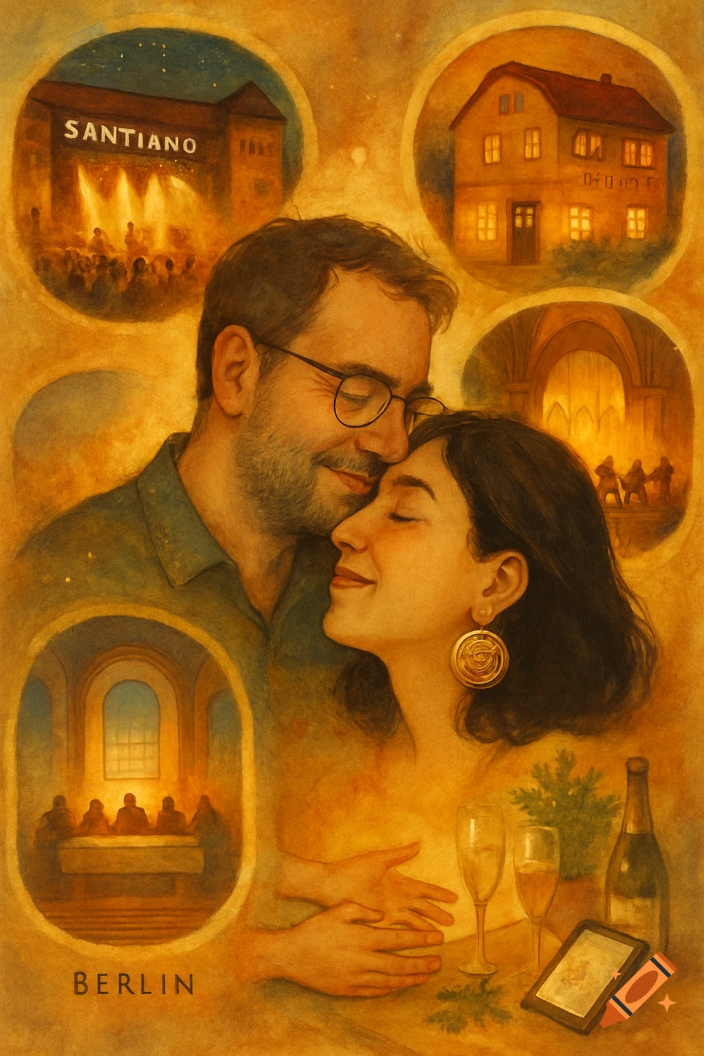 Warm painterly illustration of a loving couple embracing, surrounded by vignettes of shared memories like concerts and churches.