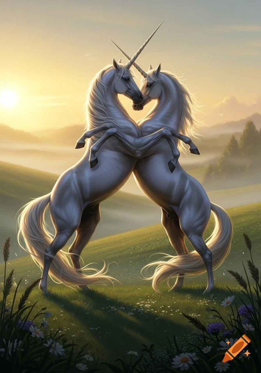 Two white unicorns rear up, embracing in a misty, sunlit green field, forming a heart shape.