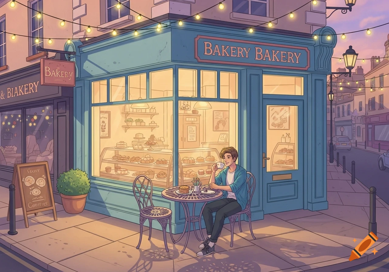 An illustration of a young man enjoying coffee at an outdoor table in front of a blue bakery at sunset, with string lights overhead.