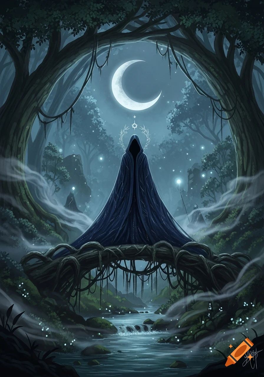 A dark, hooded figure stands on a root bridge over a river in a mystical, moonlit forest, with a bright crescent moon above.
