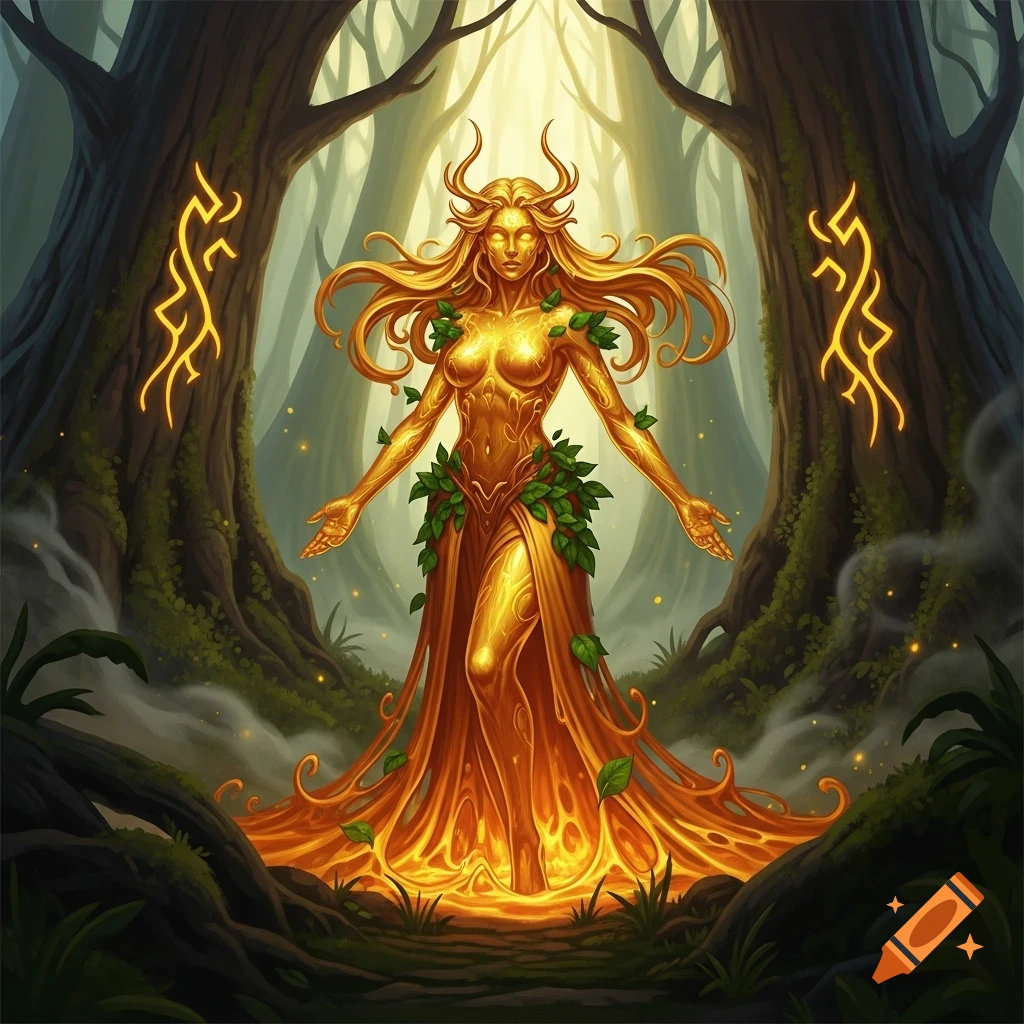A radiant golden goddess made of liquid goo, with leafy adornments and horns, stands in a mystical forest.