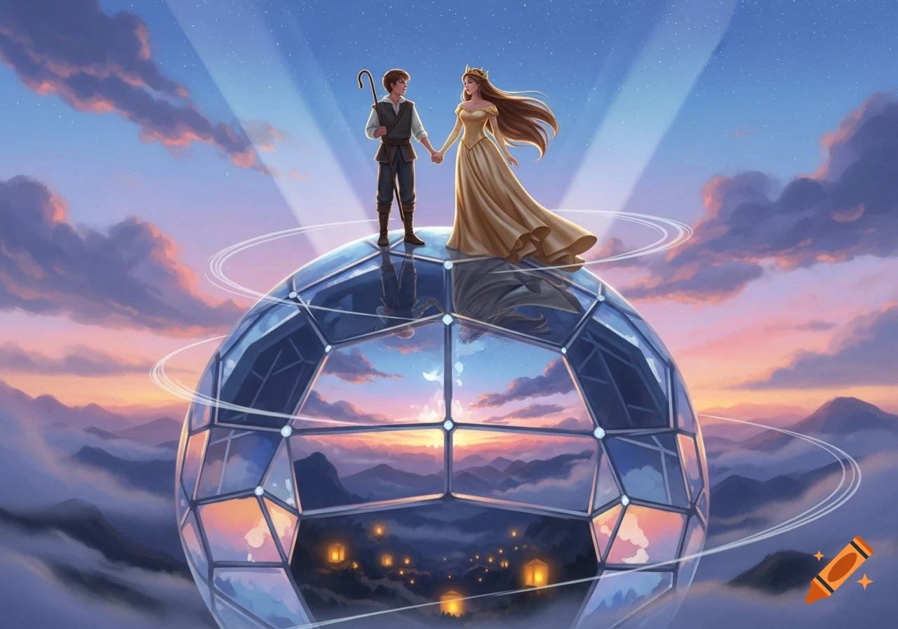 A shepherd boy and princess hold hands on a glass sphere reflecting a sunset sky over a misty, mountainous landscape with lights.