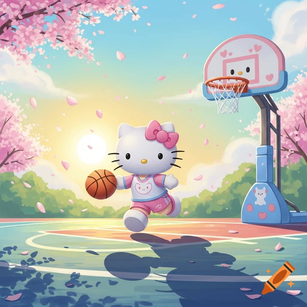 Hello Kitty in a pink outfit dribbling a basketball on a colorful court under cherry blossom trees, with a sun in the background.