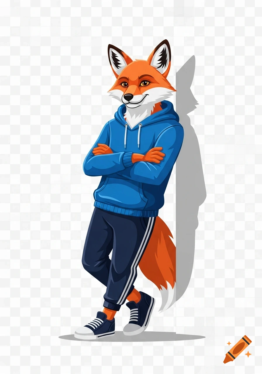 An anthropomorphic fox mascot wearing a blue hoodie and sneakers, leaning against a wall with crossed arms and legs, in flat design style.