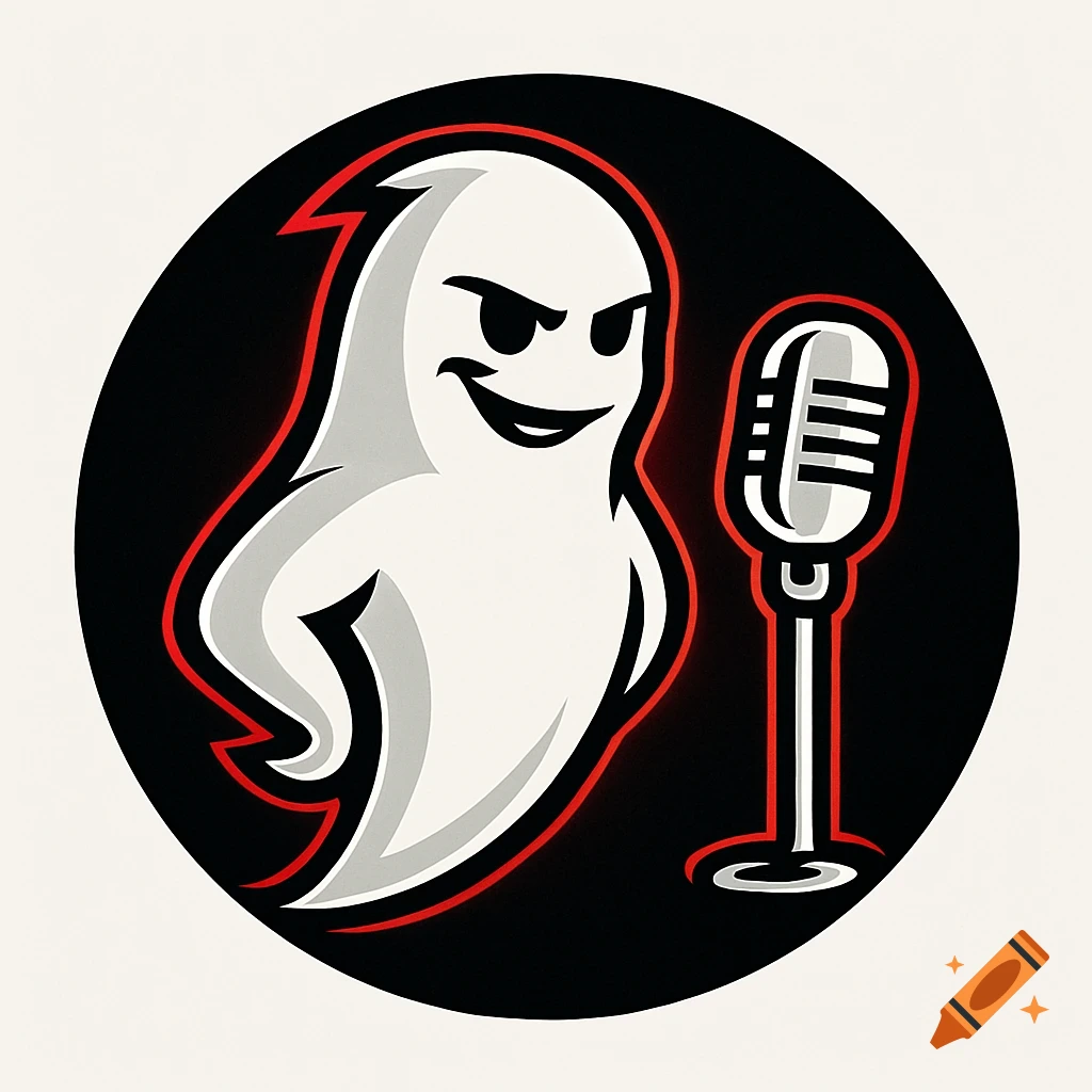 A modern character logo features a cool ghost beside a stand-up microphone within a black circle, with red accents.