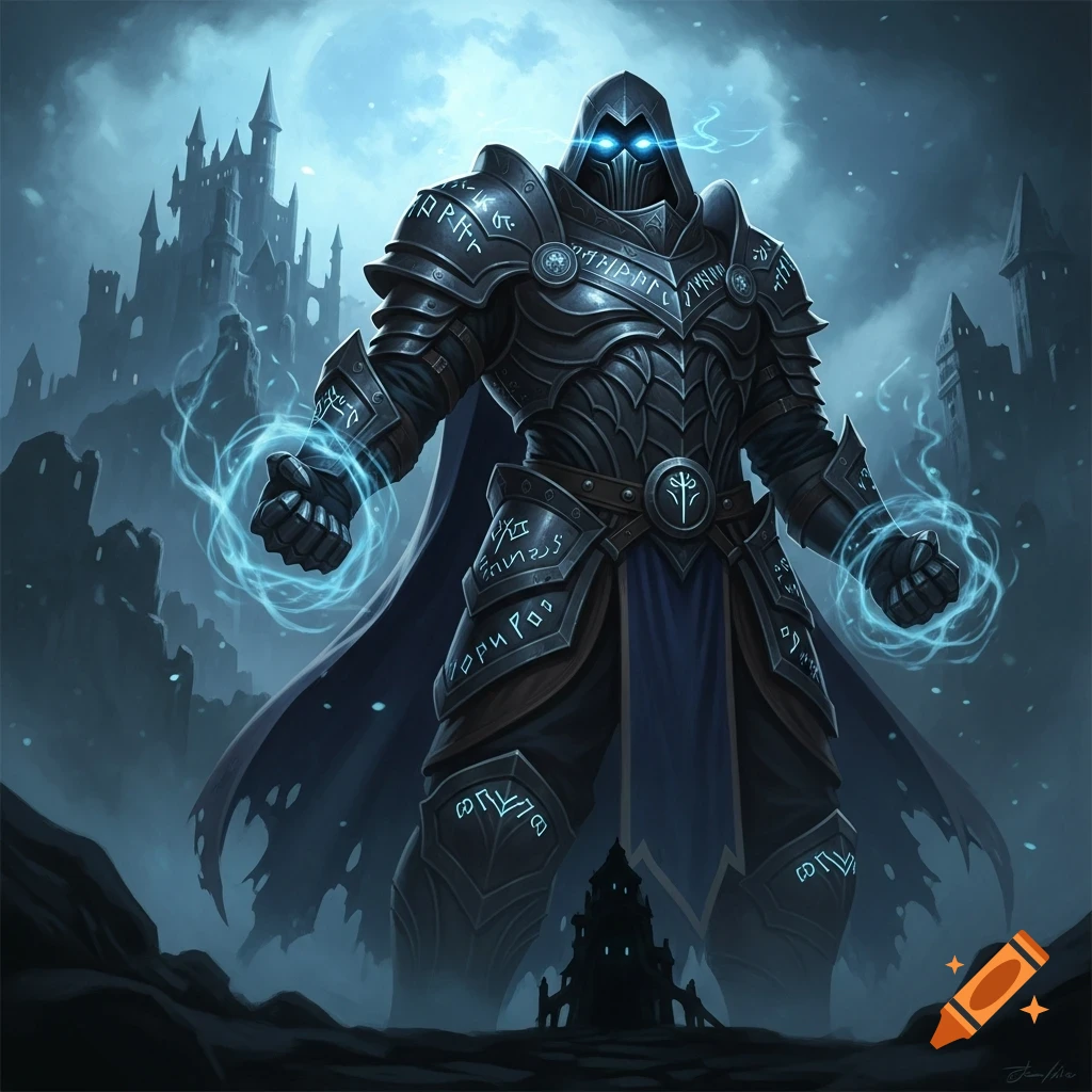 A menacing shadow wizard in dark, rune-covered armor with glowing blue eyes and magic swirling around his fists, before a gothic castle.