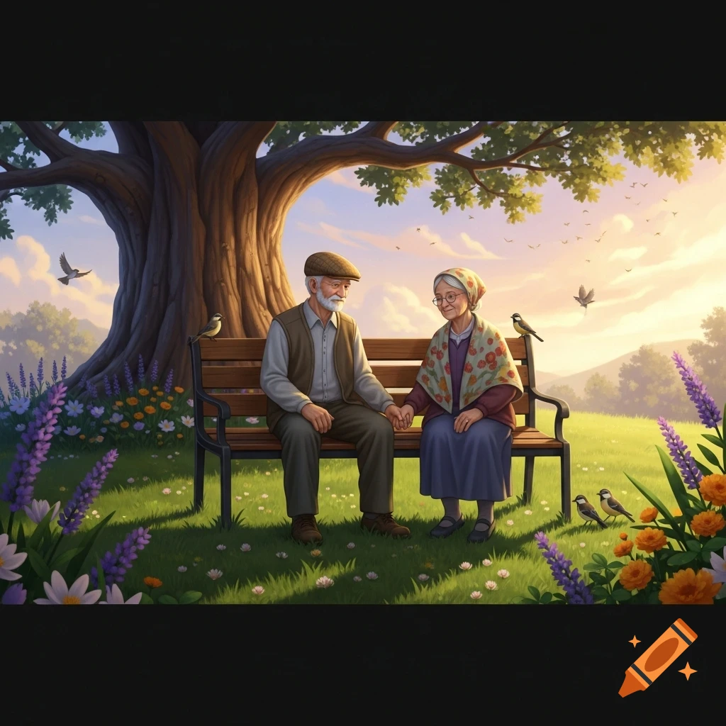 An old couple holding hands, sitting on a park bench under a large tree amidst flowers and birds at sunset, in an illustration style.