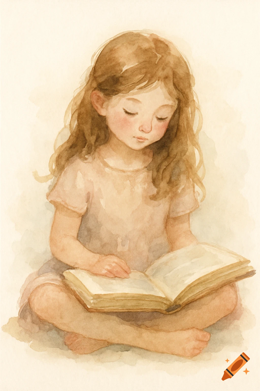 A watercolor painting of a young girl with long brown hair, sitting cross-legged and reading an open book.