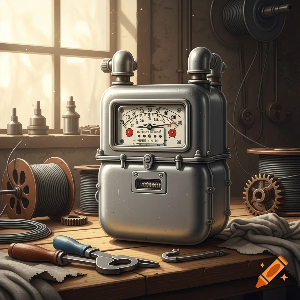 A vintage gas meter sits on a wooden workbench surrounded by tools, spools of wire, and other industrial components.