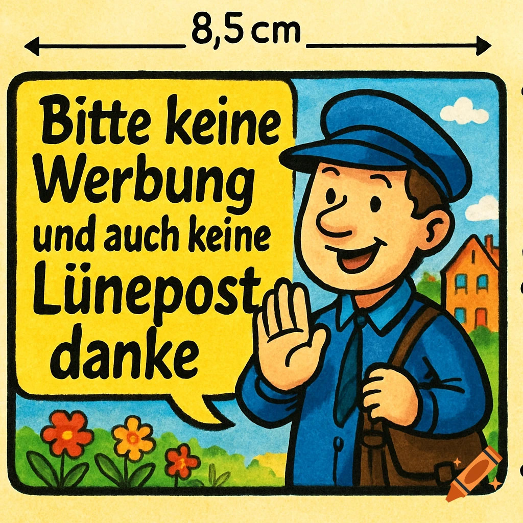 A cartoon postman in blue uniform waves with a speech bubble saying 'Bitte keine Werbung und auch keine Lünepost danke'. A house and flowers are in the background.