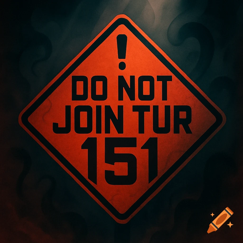 An orange diamond-shaped warning sign with a black border, an exclamation mark, and the text "DO NOT JOIN TUR 151" in black, set against a dark, smoky background.