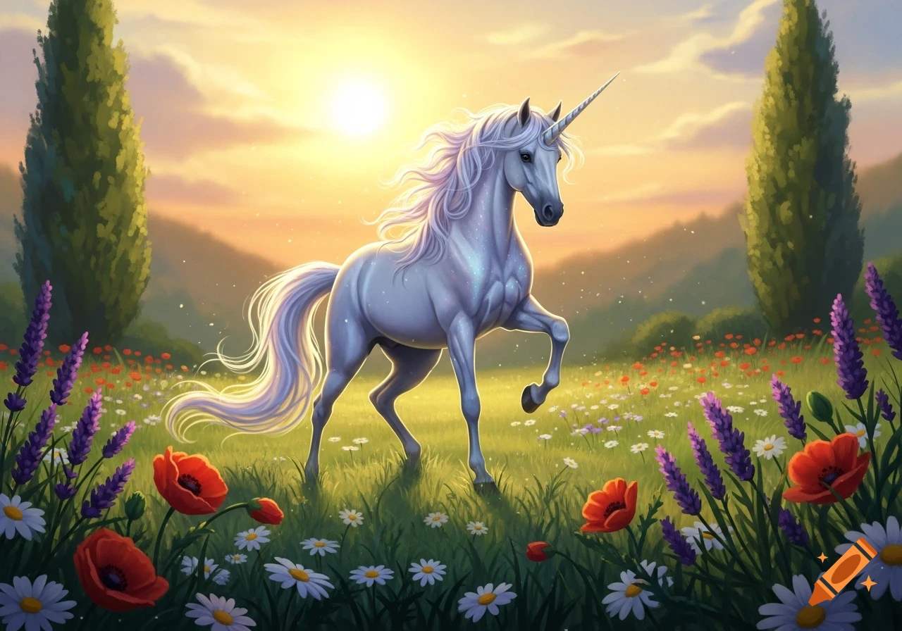 A majestic white unicorn with a flowing mane prances in a vibrant meadow filled with colorful flowers at sunrise.