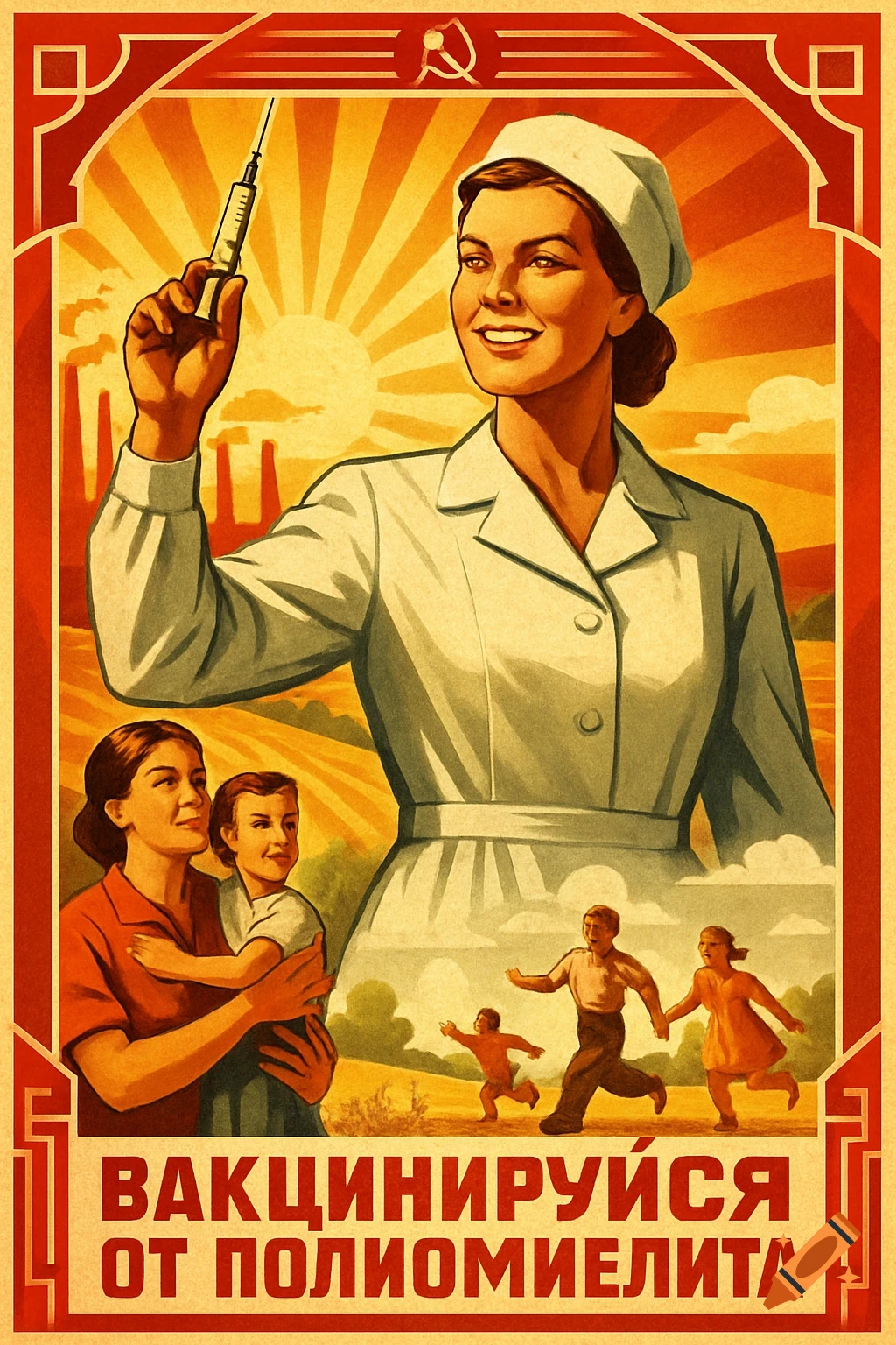 Soviet-era propaganda poster features a smiling nurse with a syringe, a mother and child, and playing kids, urging polio vaccination.