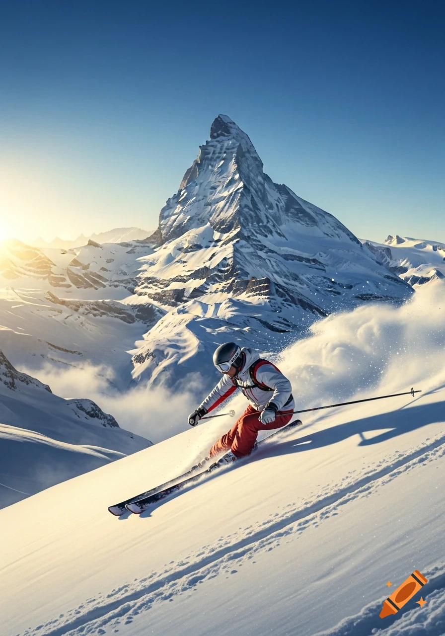 A lone skier descends a sunlit snowy mountain slope with the majestic Matterhorn peak in the background, photorealistic style.
