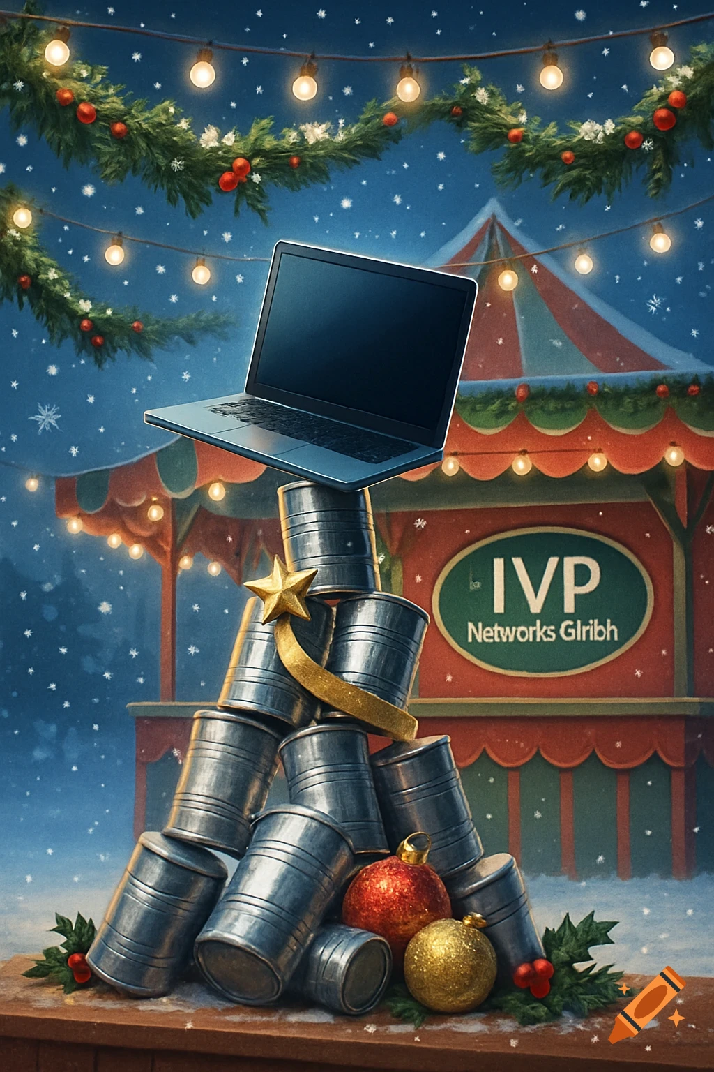 Festive Christmas scene with a laptop prize on stacked cans, in front of a snowy fair booth decorated with garlands and lights.