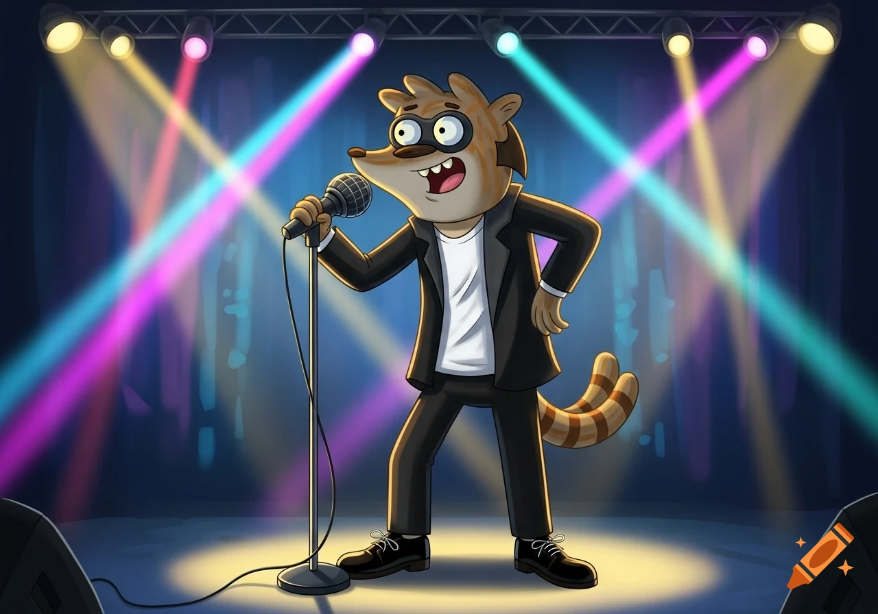Rigby from Regular Show sings into a microphone on a stage with colorful spotlights.
