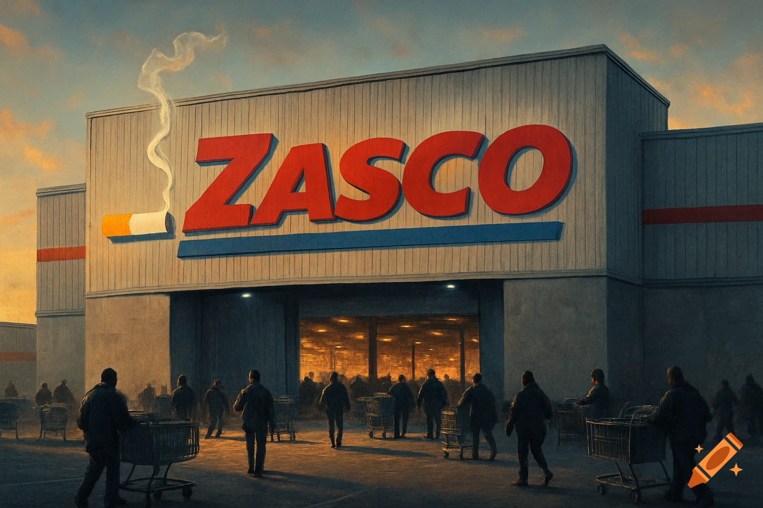 A stylized ZASCO supermarket building with a smoking cigarette on the sign, as people with shopping carts enter at dusk.