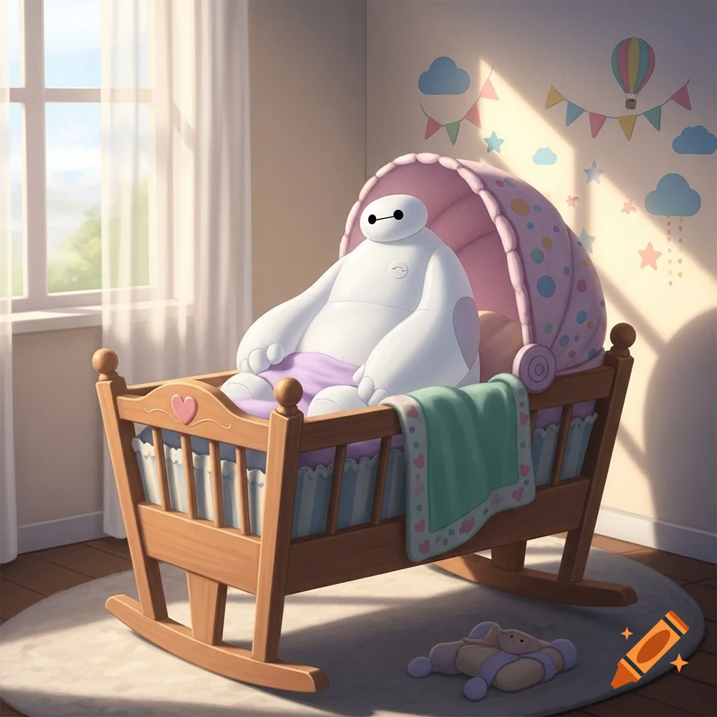Baymax from Big Hero 6 sits in a wooden baby cradle in a sunny nursery with wall decorations, in an animated style.