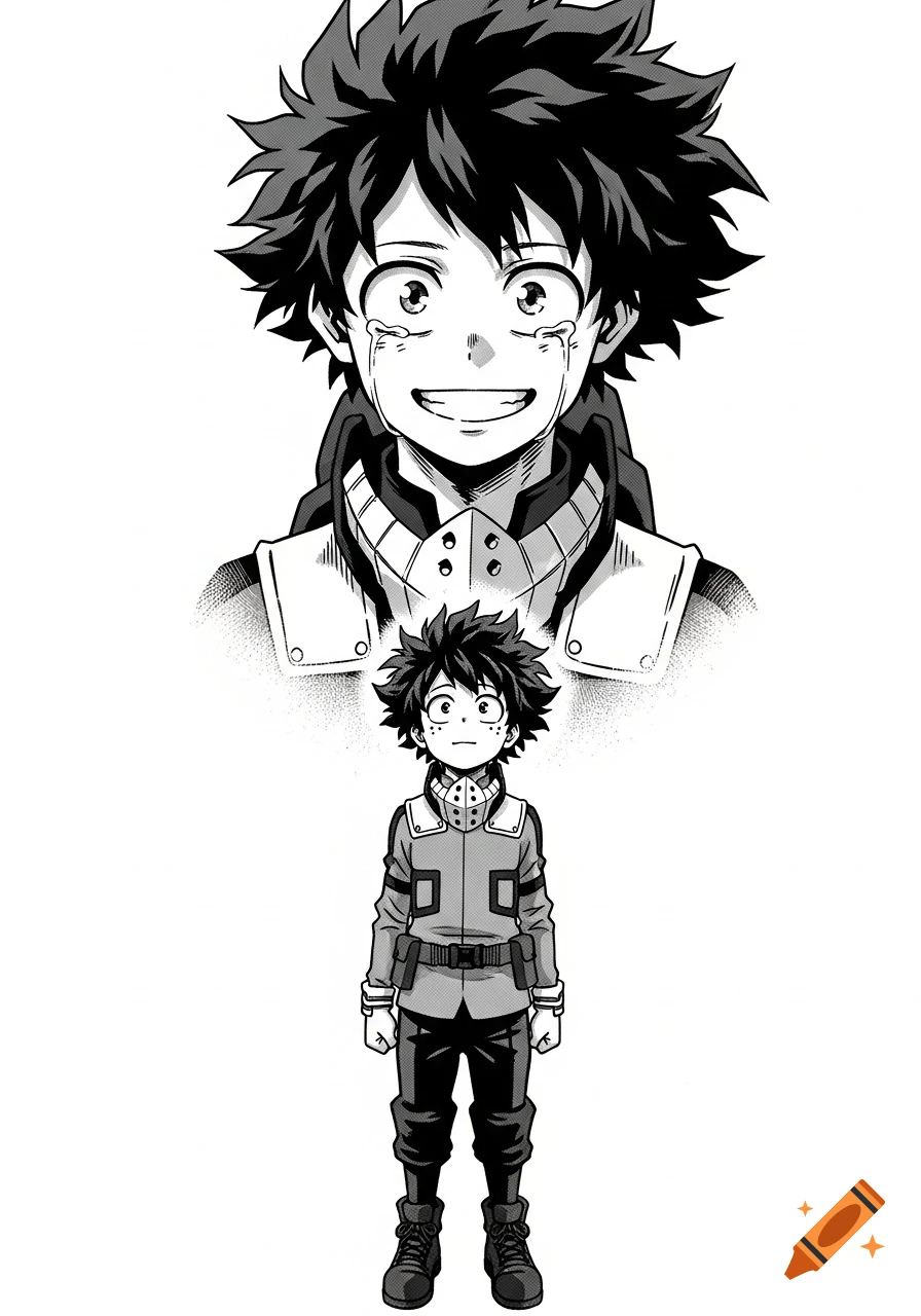 A black and white manga drawing shows a smiling, crying older Deku's head above a younger Deku looking up.