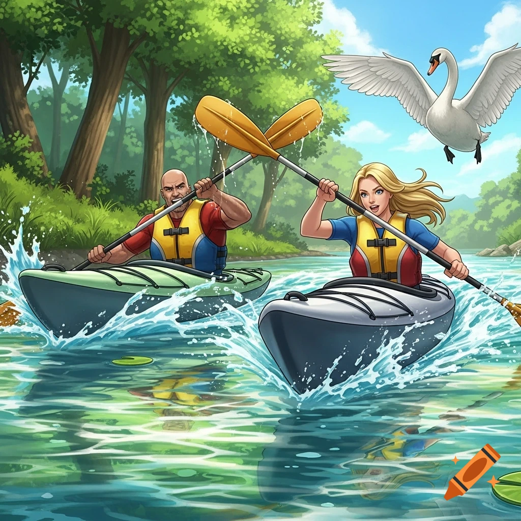 A bald man and a blonde woman in kayaks paddle a river, a swan flying overhead. Lush trees line the banks in an illustration.