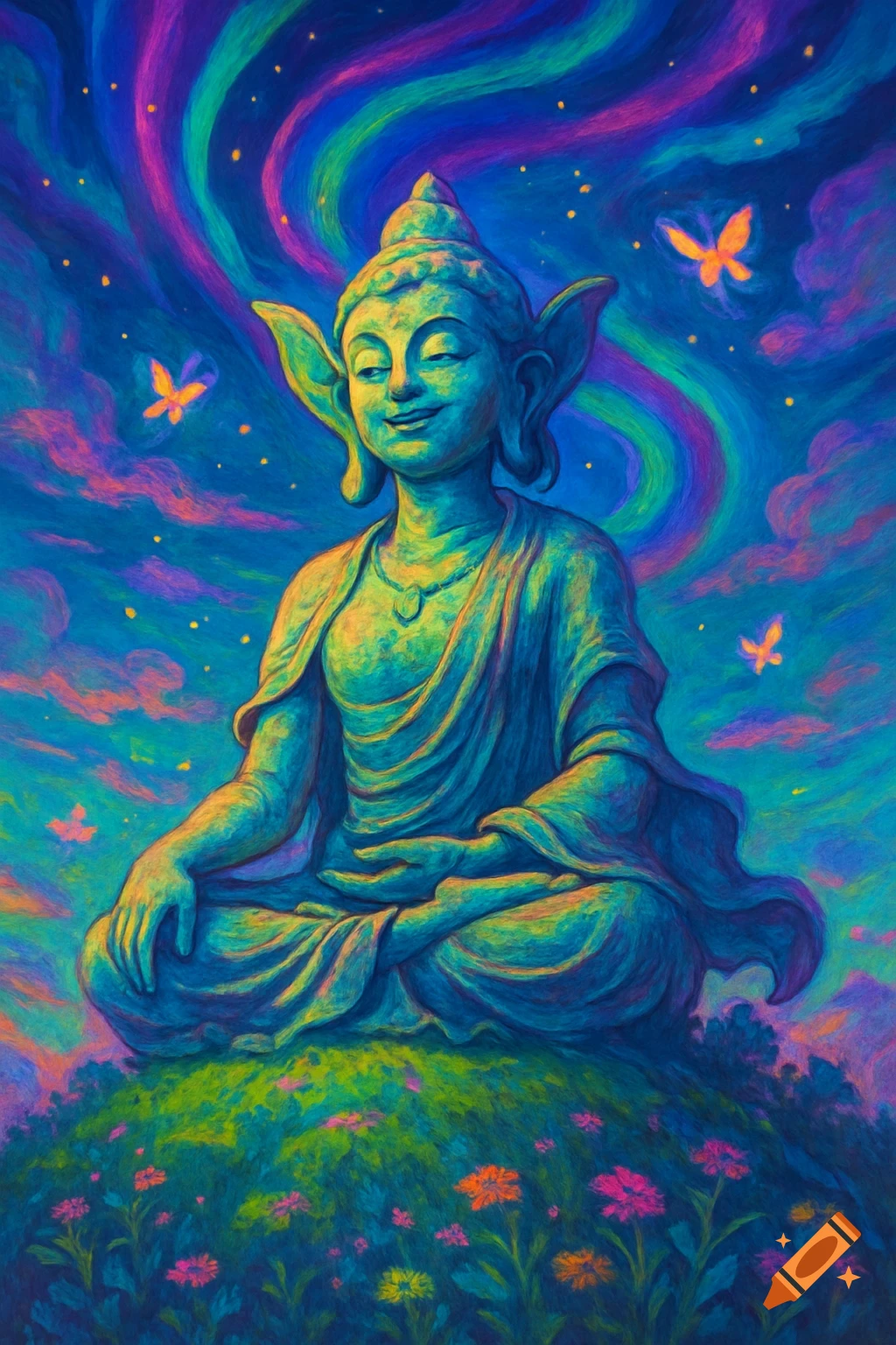 A vibrant, psychedelic illustration of a pixie-like Buddha statue meditating on a flowery hill under a swirling, starry, colorful sky with butterflies.