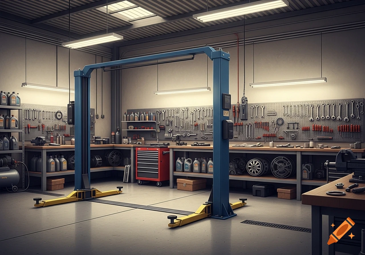 Photorealistic interior of a mechanic shop with a blue two-post car lift, workbenches, tools on pegboards, and various equipment.