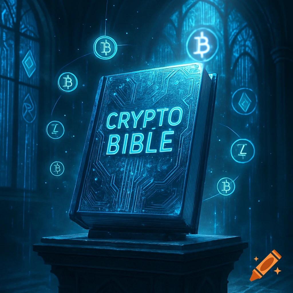 A glowing 'CRYPTO BIBLE' book on a pedestal in a dark, gothic room, orbited by cryptocurrency symbols, in a mystical, futuristic style.
