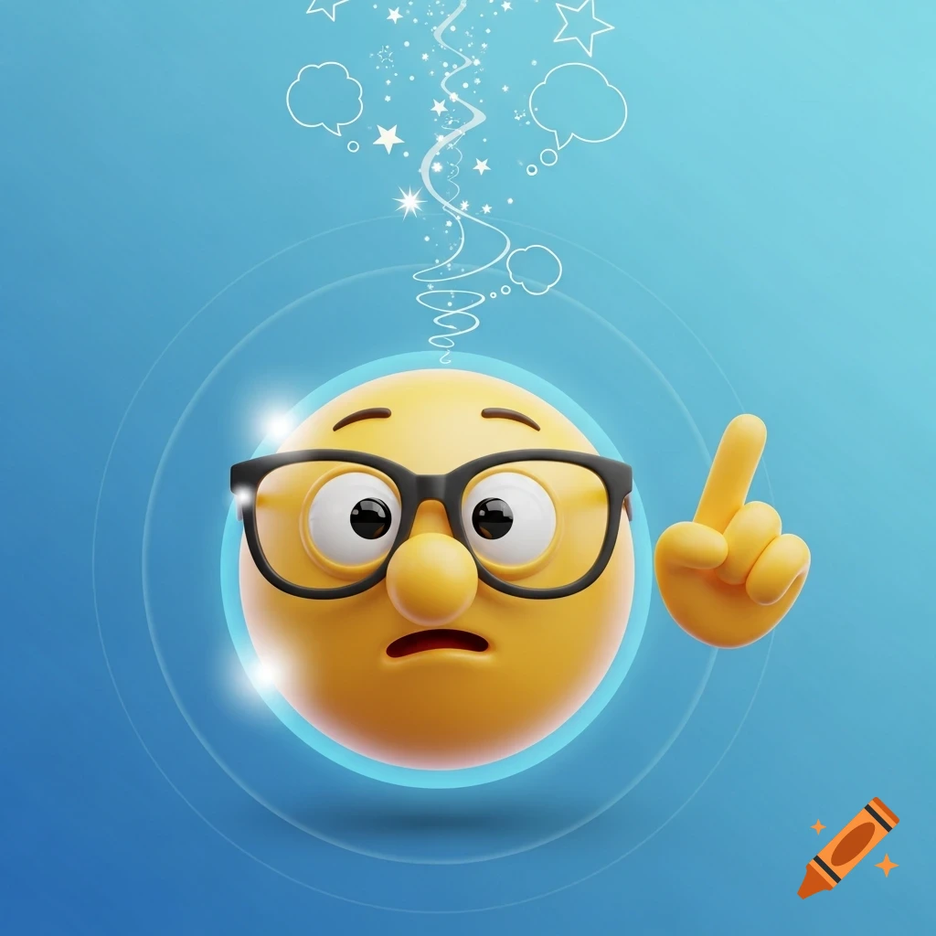 A 3D rendered yellow emoji wearing black glasses, looking concerned, with a raised finger pointing upwards, surrounded by thought bubbles and stars on a blue background.