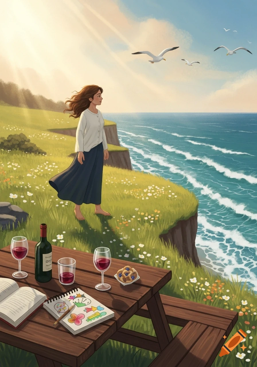 Illustrated scene of a woman on a grassy cliff overlooking the ocean, with a picnic table and seagulls.
