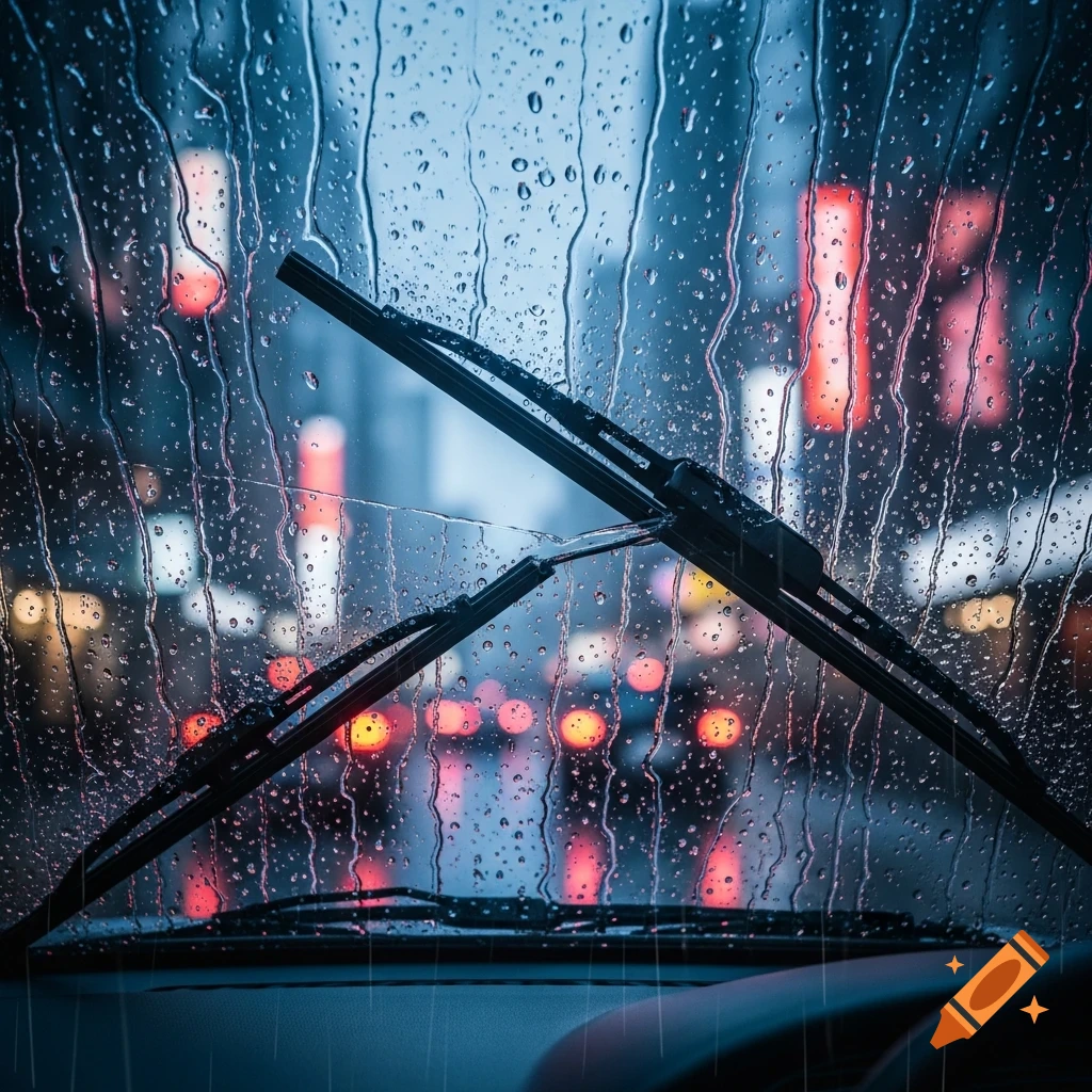 Photorealistic view through a rainy car windshield with wipers, showing blurred red and yellow city lights at night.