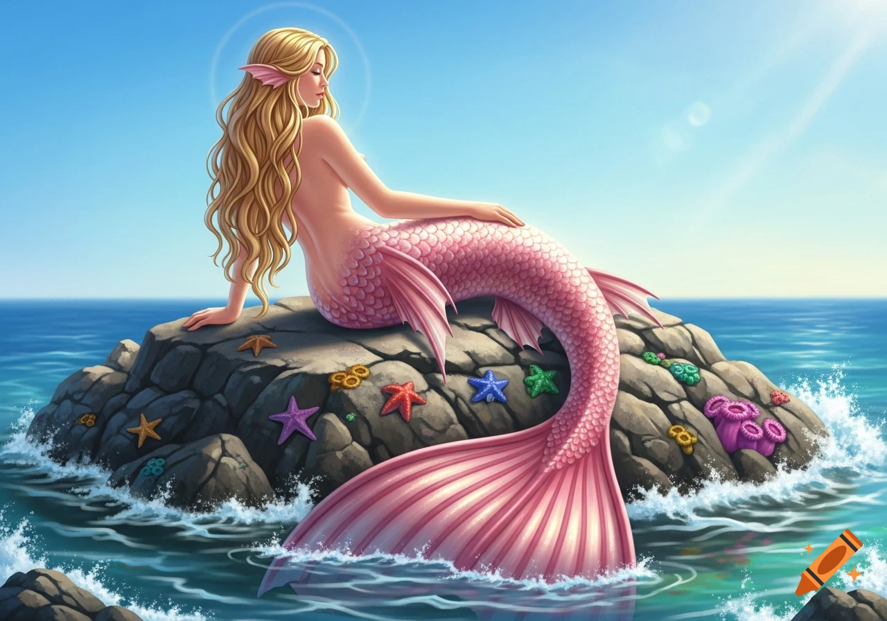 A gorgeous blonde mermaid with a long pink tail sunbathing on a rock in the clear blue ocean under a bright sky.