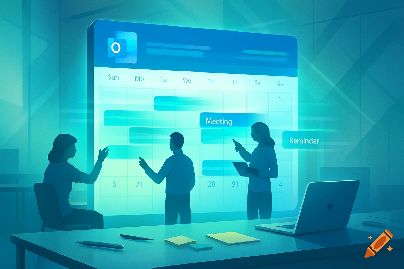 Three stylized business people interacting with a large digital calendar displaying meetings and reminders on a screen in an office setting.