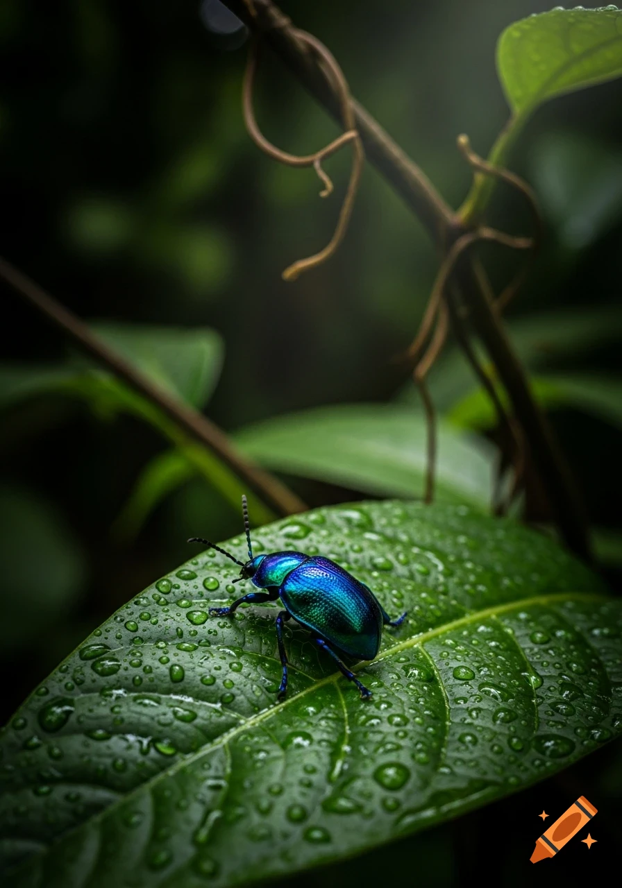 A vibrant blue and green iridescent beetle sits on a dew-covered green leaf with many water droplets.