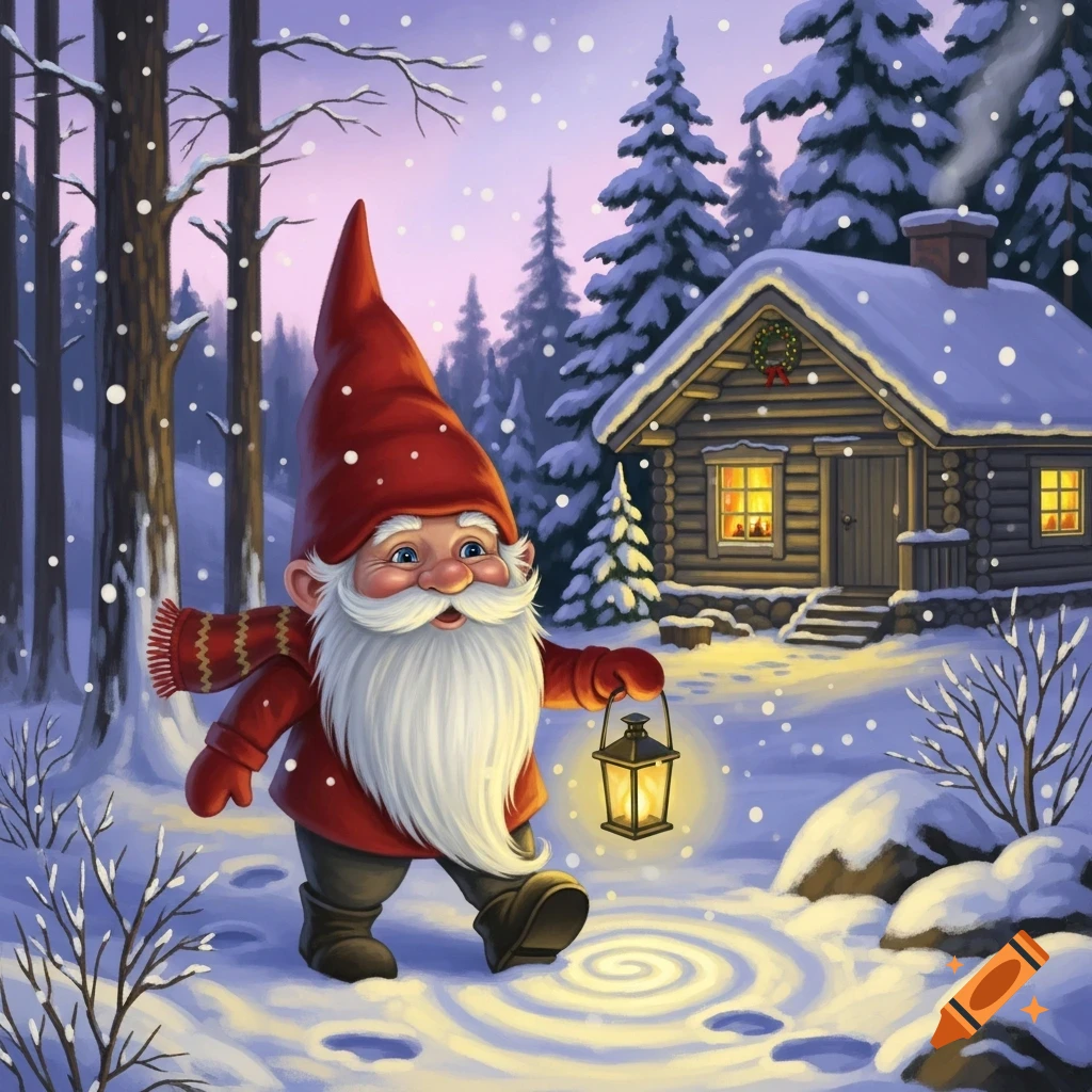 A cheerful gnome with a red hat and white beard walks through a snowy forest holding a lantern, with a cozy log cabin in the background.