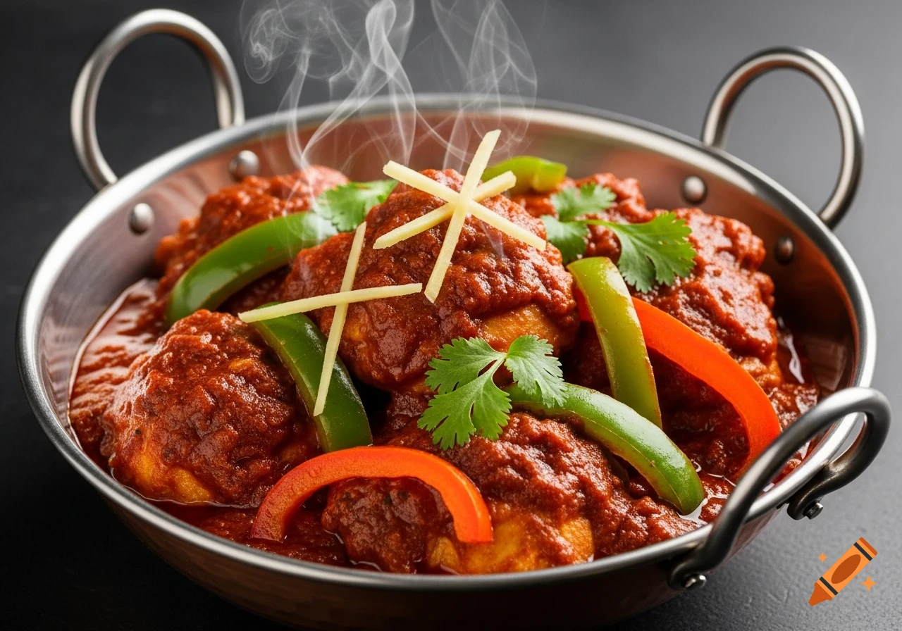 Photorealistic close-up of steaming Poulet Karahi in a metal bowl, garnished with ginger juliennes, cilantro, and bell peppers.