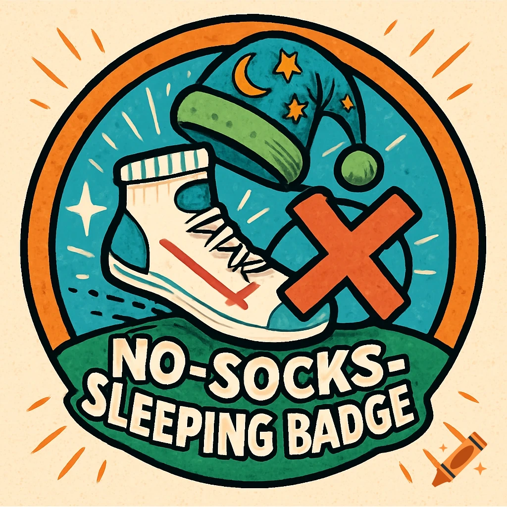 A comic-style circular badge with a blue sleeping hat, a white sneaker with a red 'X', and the text 'NO-SOCKS-SLEEPING BADGE' on a green base.