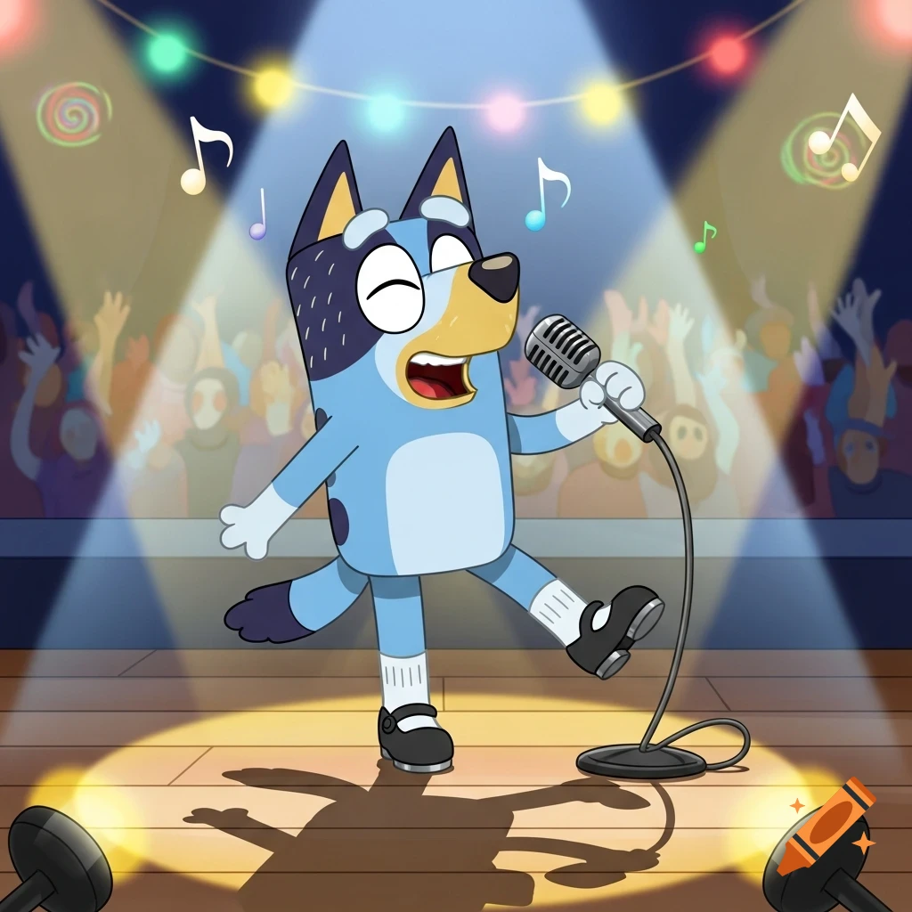 Bluey, the blue cartoon dog, sings into a microphone and tap dances on a stage under spotlights.