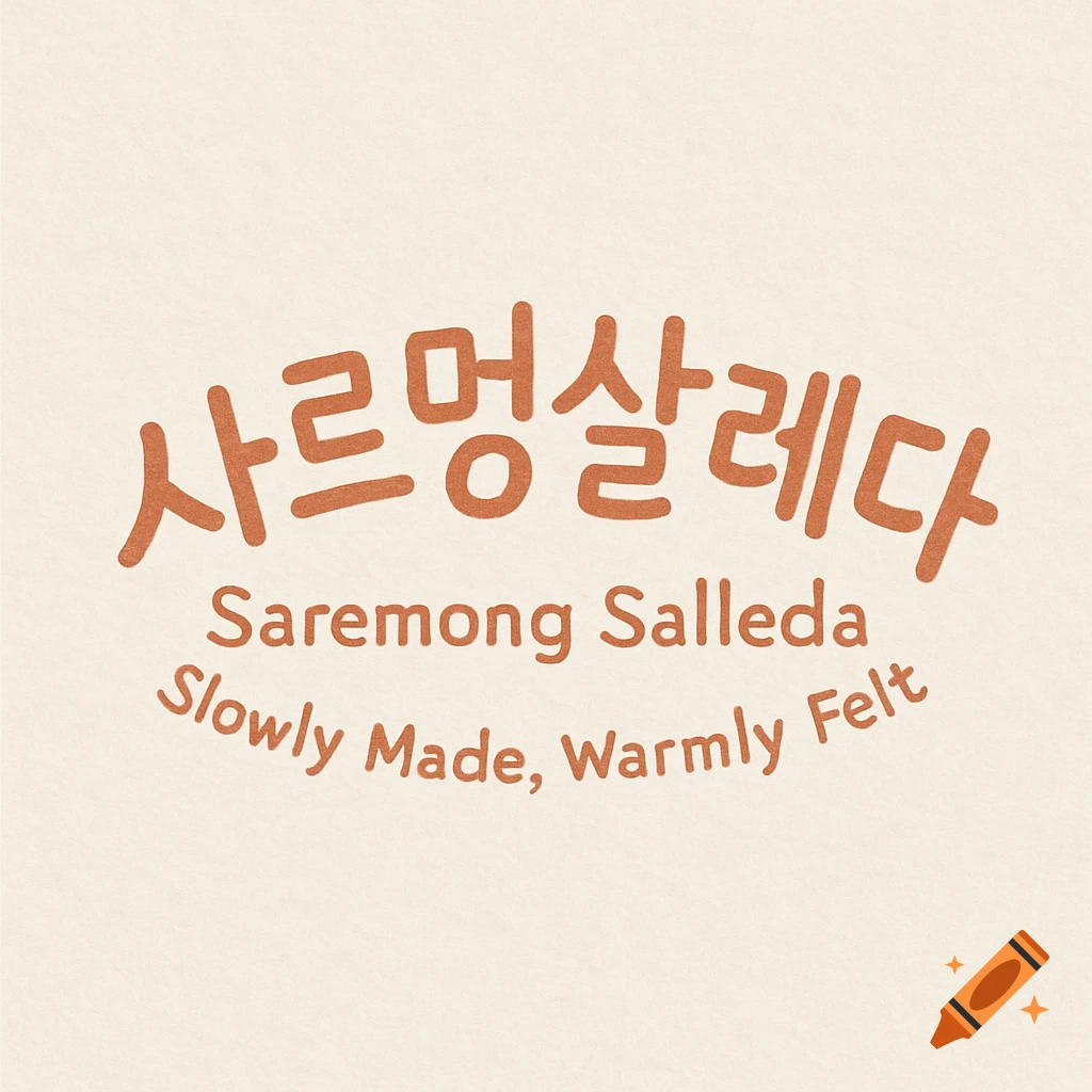 A minimal logo featuring arched orange-brown Korean text "사르멍살레다" above "Saremong Salleda" and "Slowly Made, Warmly Felt" on a light beige background.