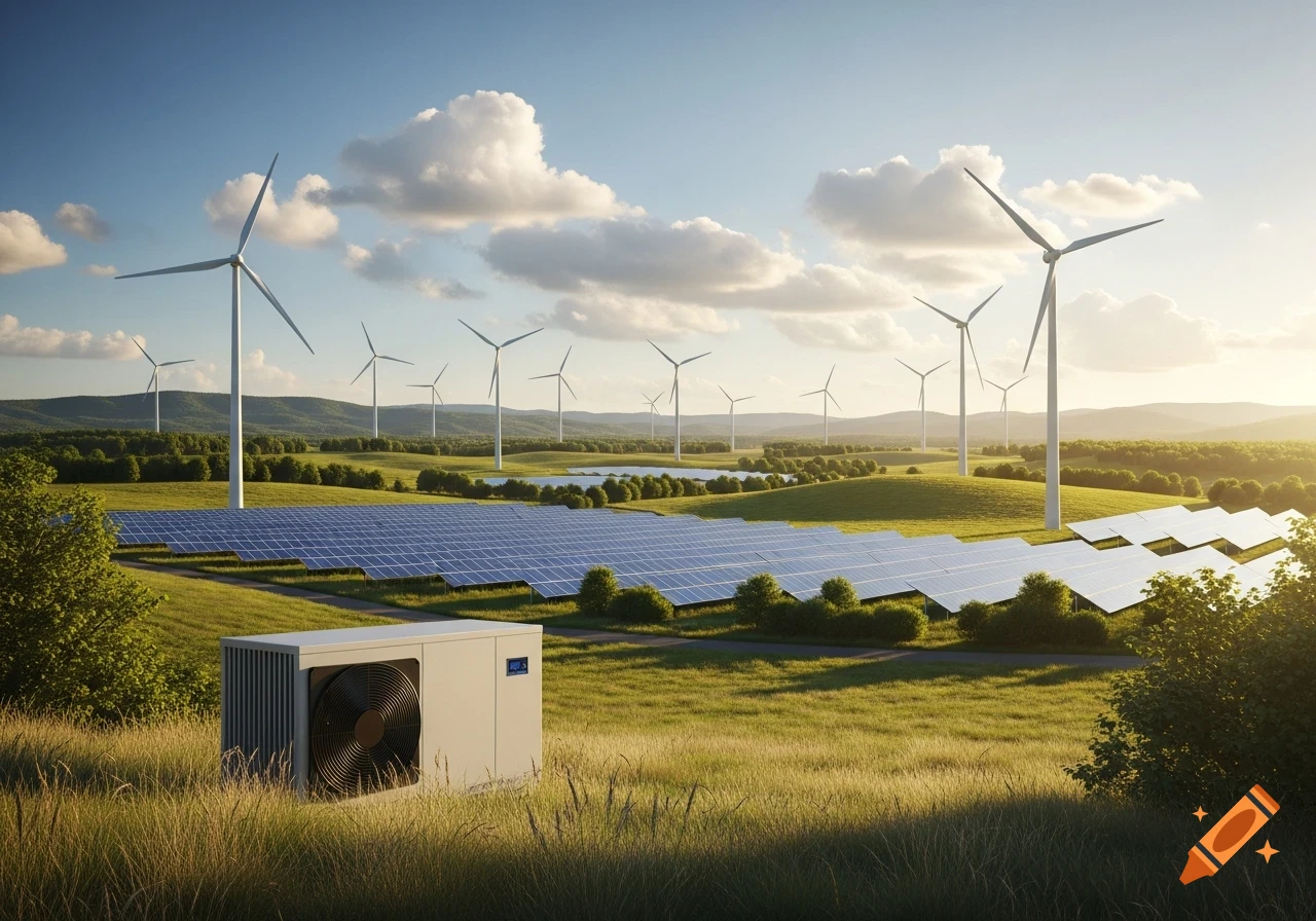 A green landscape with wind turbines, solar panels, and a heat pump under a bright, partly cloudy sky.