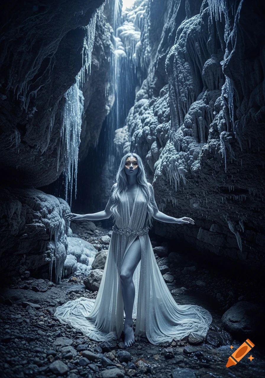 A woman with grey skin and white hair, wearing a flowing white dress and golden mask, stands in an icy cave with a waterfall.