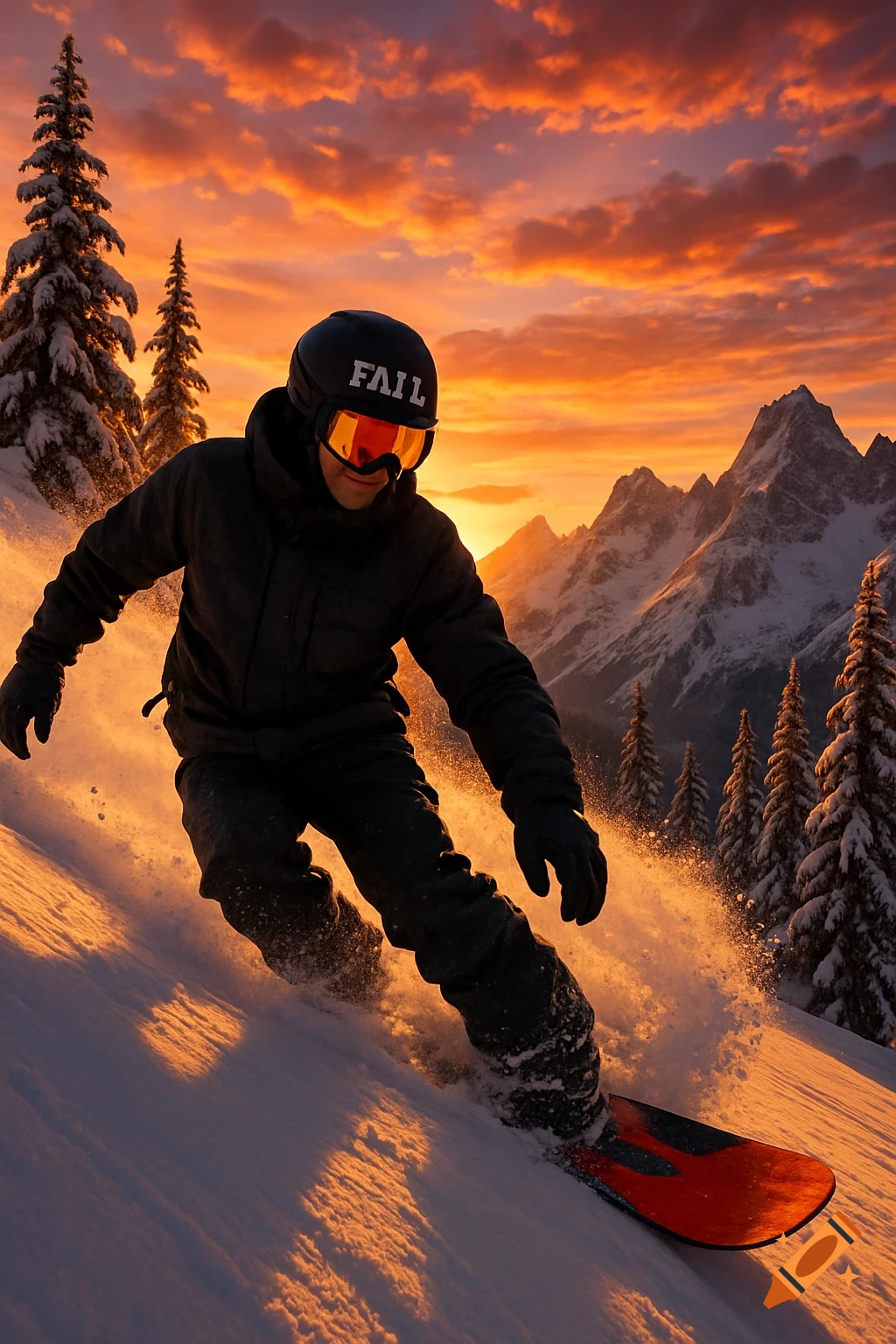A snowboarder in dark gear with 'FAIL' on his helmet carves down a snowy mountain slope at a vibrant sunset.