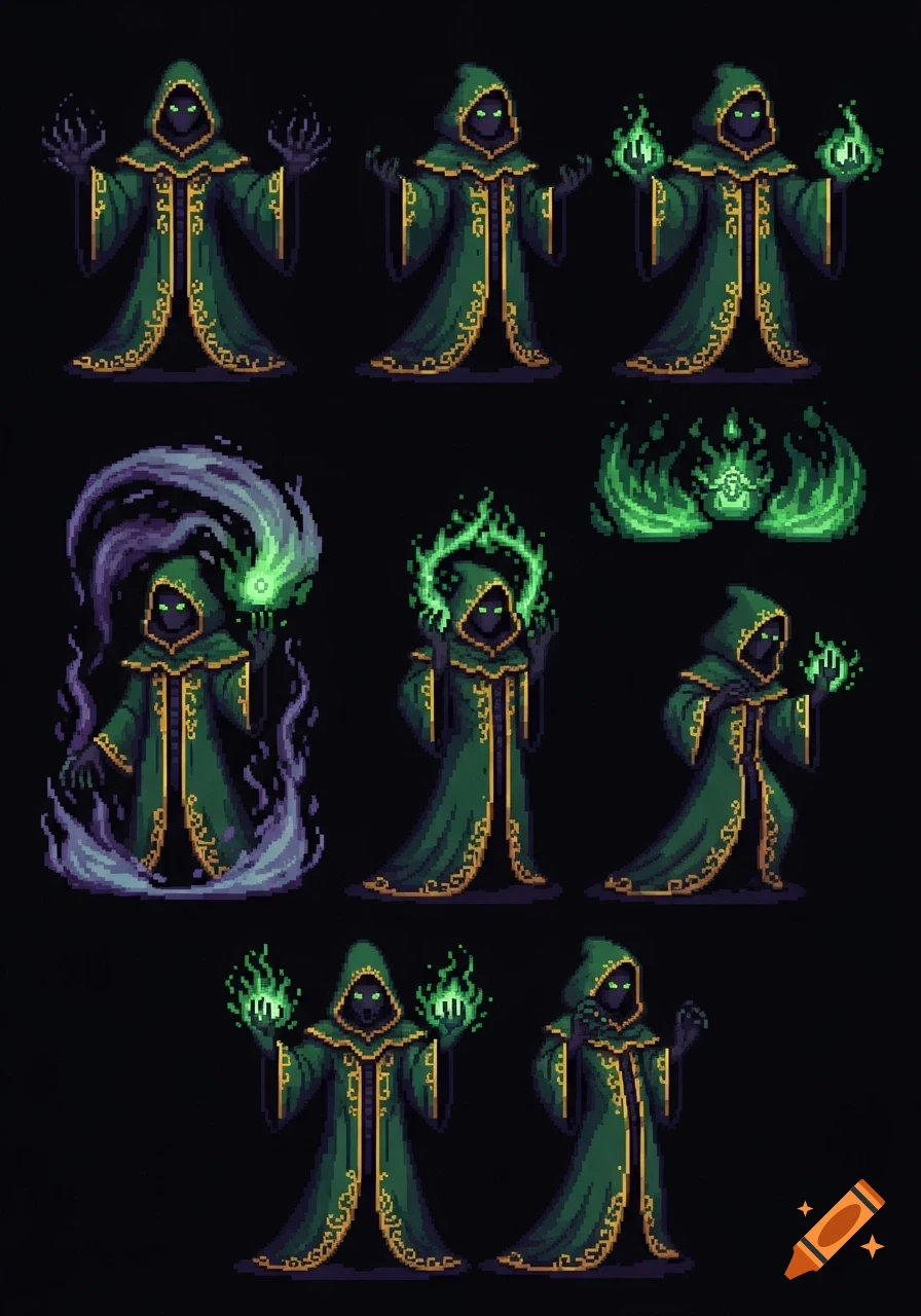 Pixel art sprite sheet featuring multiple green-robed cultist figures with glowing eyes and various magical effects.
