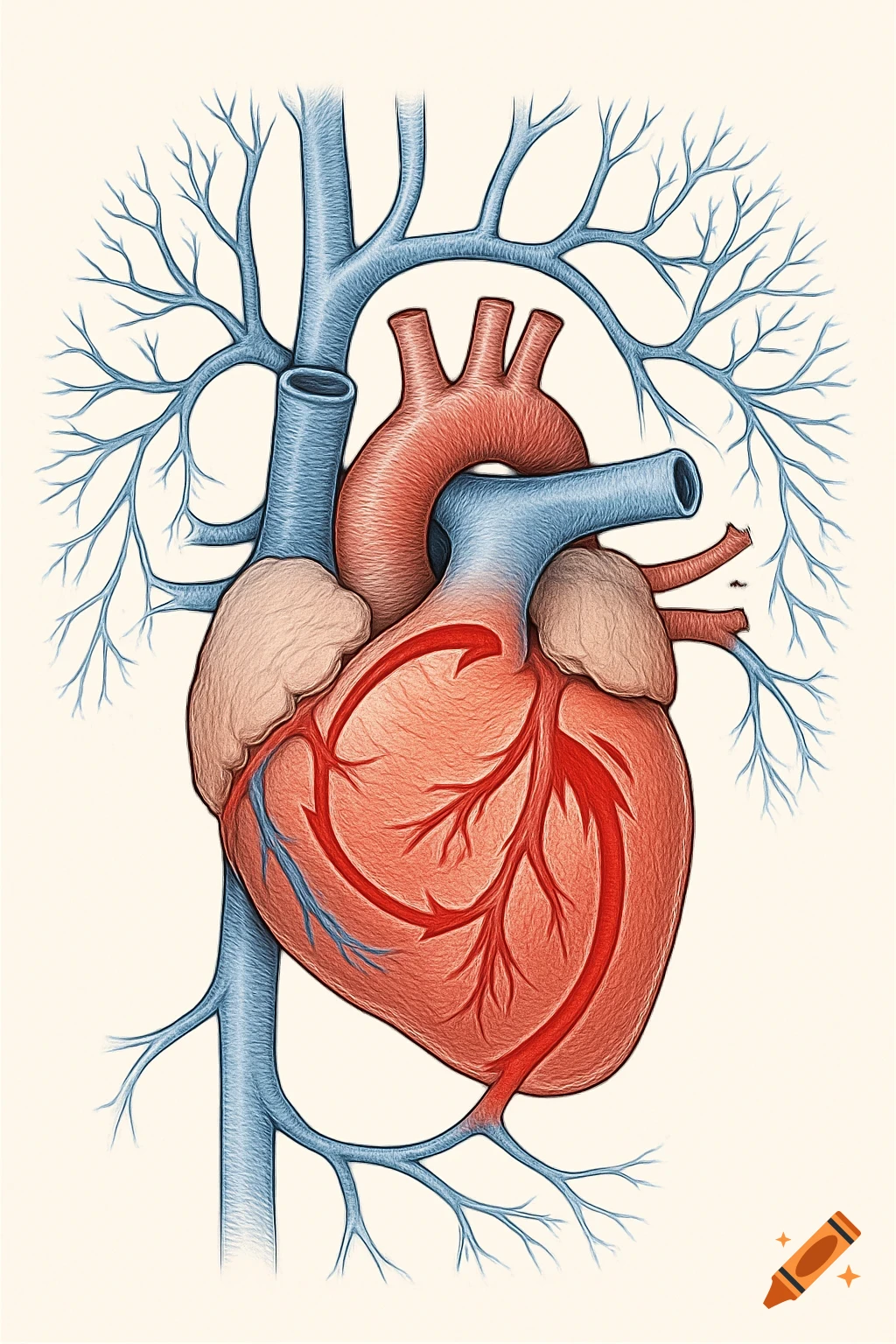 Detailed illustration of a human heart and pulmonary vasculature with blood flow indicated by arrows, on a white background.