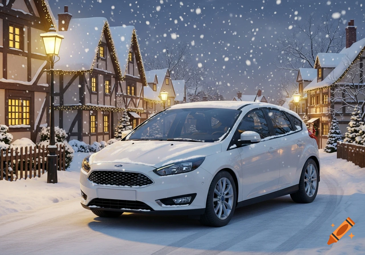 A white Ford Focus hatchback parked on a snowy street in a festive, snow-covered village at night with falling snow.