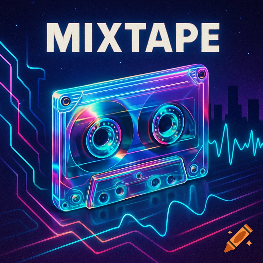 Neon glowing holographic cassette tape with 'MIXTAPE' text, surrounded by vibrant circuit lines and a city skyline silhouette.