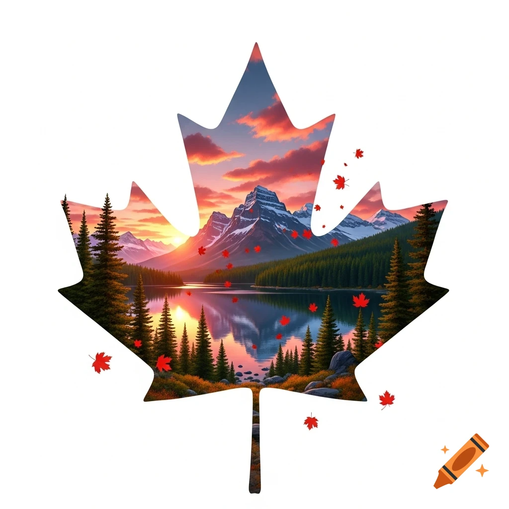 A vivid Canadian mountain and lake landscape at sunset, contained within a red maple leaf silhouette, with smaller falling leaves.